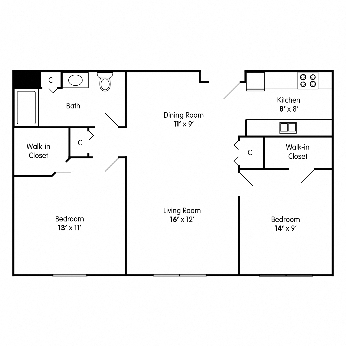 Floor plan for 2 beds, 1 bath, 957 sqft